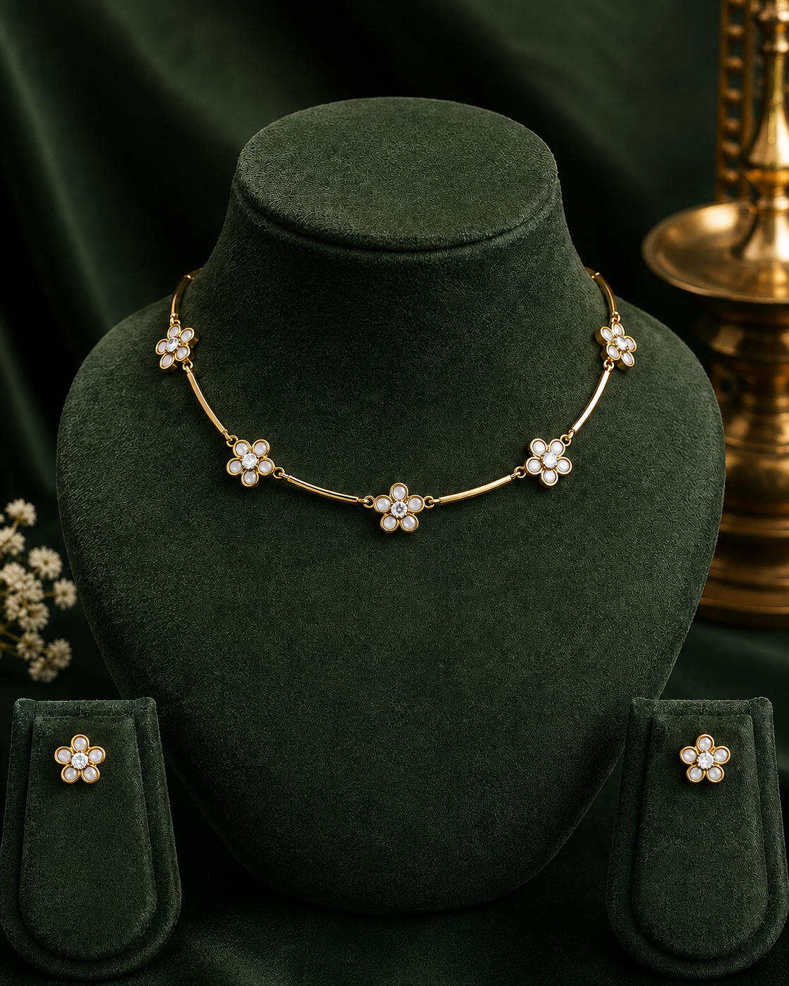 Ruby Floral Station Necklace Set with Matching Stud Earrings | ONK157