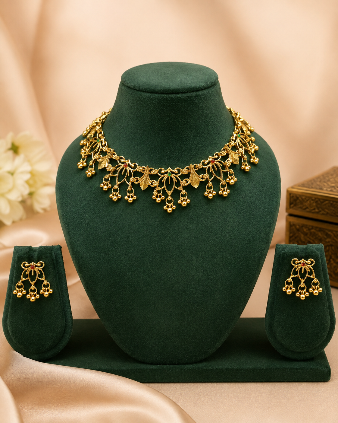 Antique Gold Lotus Floral Choker Gold Bead Drop Earring Set | ONK162