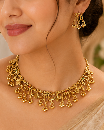 Antique Gold Lotus Floral Choker Gold Bead Drop Earring Set | ONK162