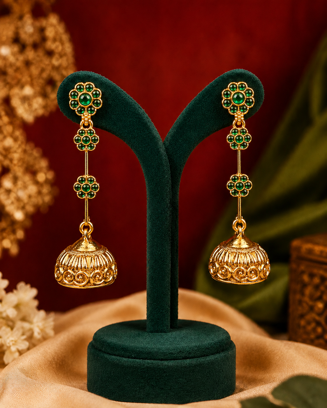 Kemp Floral Long Drop Jhumka Earrings – Ruby & Emerald Gold | ONK163