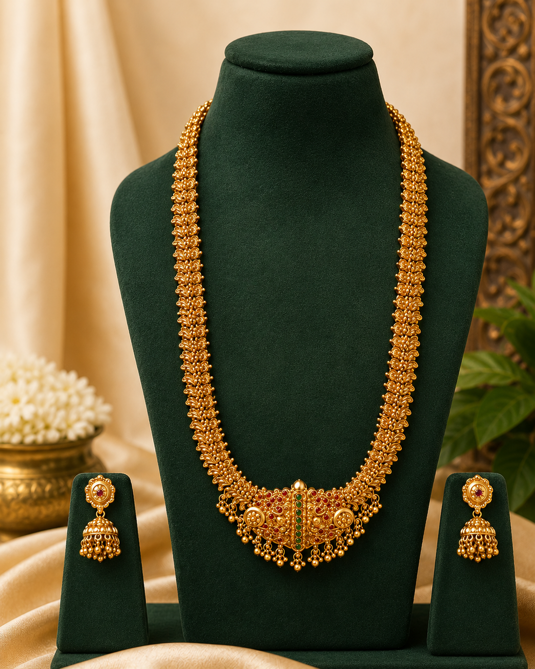 A woman wearing a traditional Indian saree and gold jewelry, featuring a gold-toned necklace with a central green stone accent, matching earrings, and a bracelet.