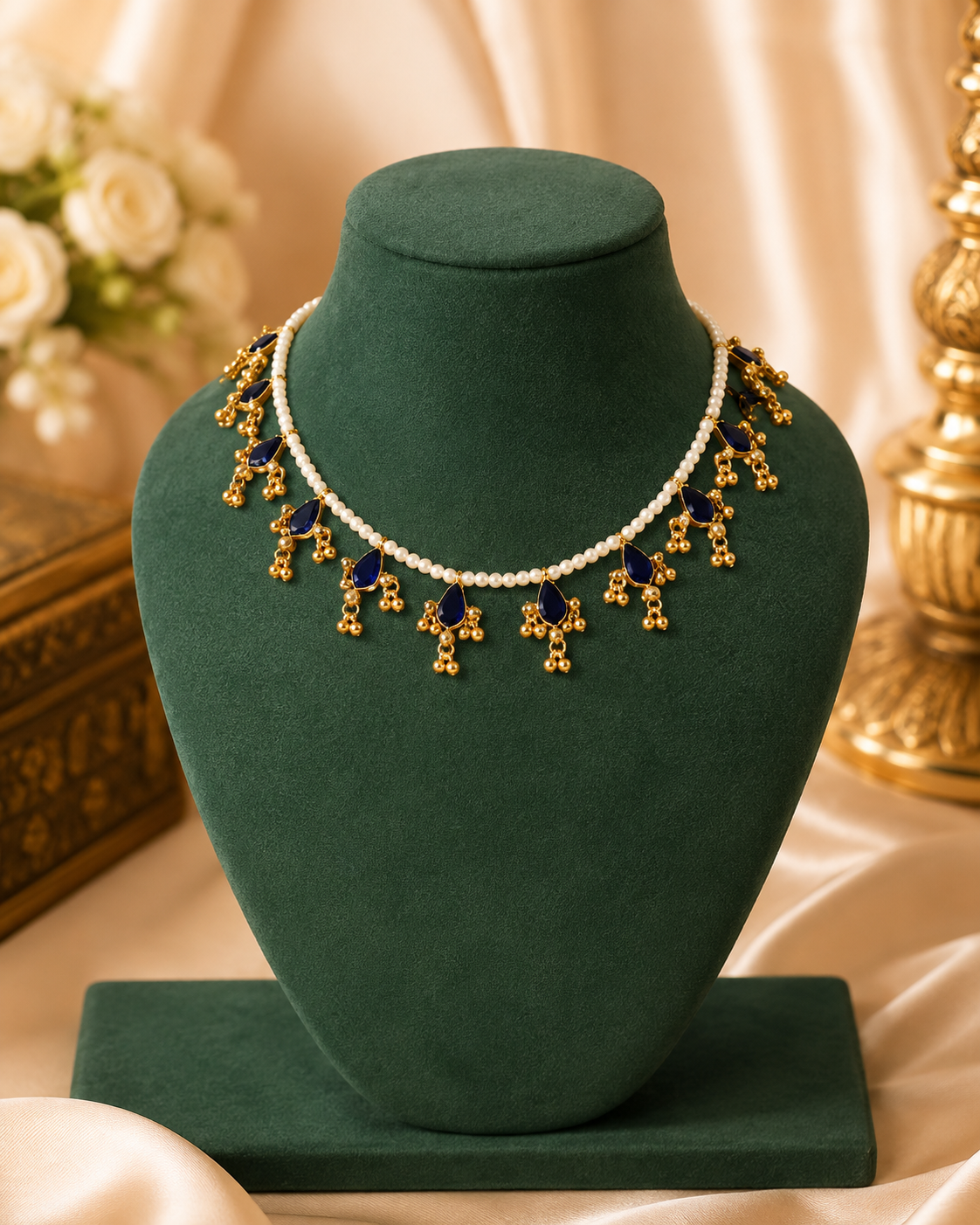 Pearl Choker Navy Blue Stone Gold Bead Fringe Necklace Set | ONK165