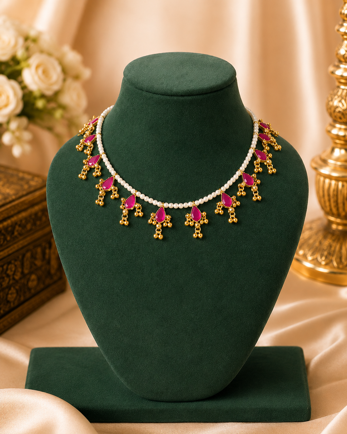 Pearl Choker Navy Blue Stone Gold Bead Fringe Necklace Set | ONK165