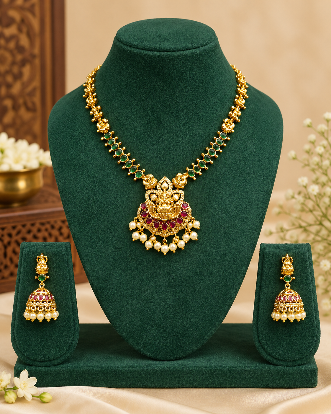 Green Lakshmi Temple Necklace Set | ONK168