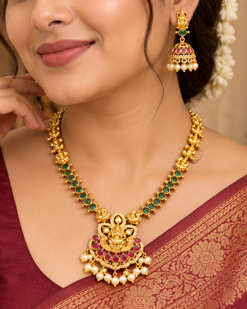 Green Lakshmi Temple Necklace Set | ONK168
