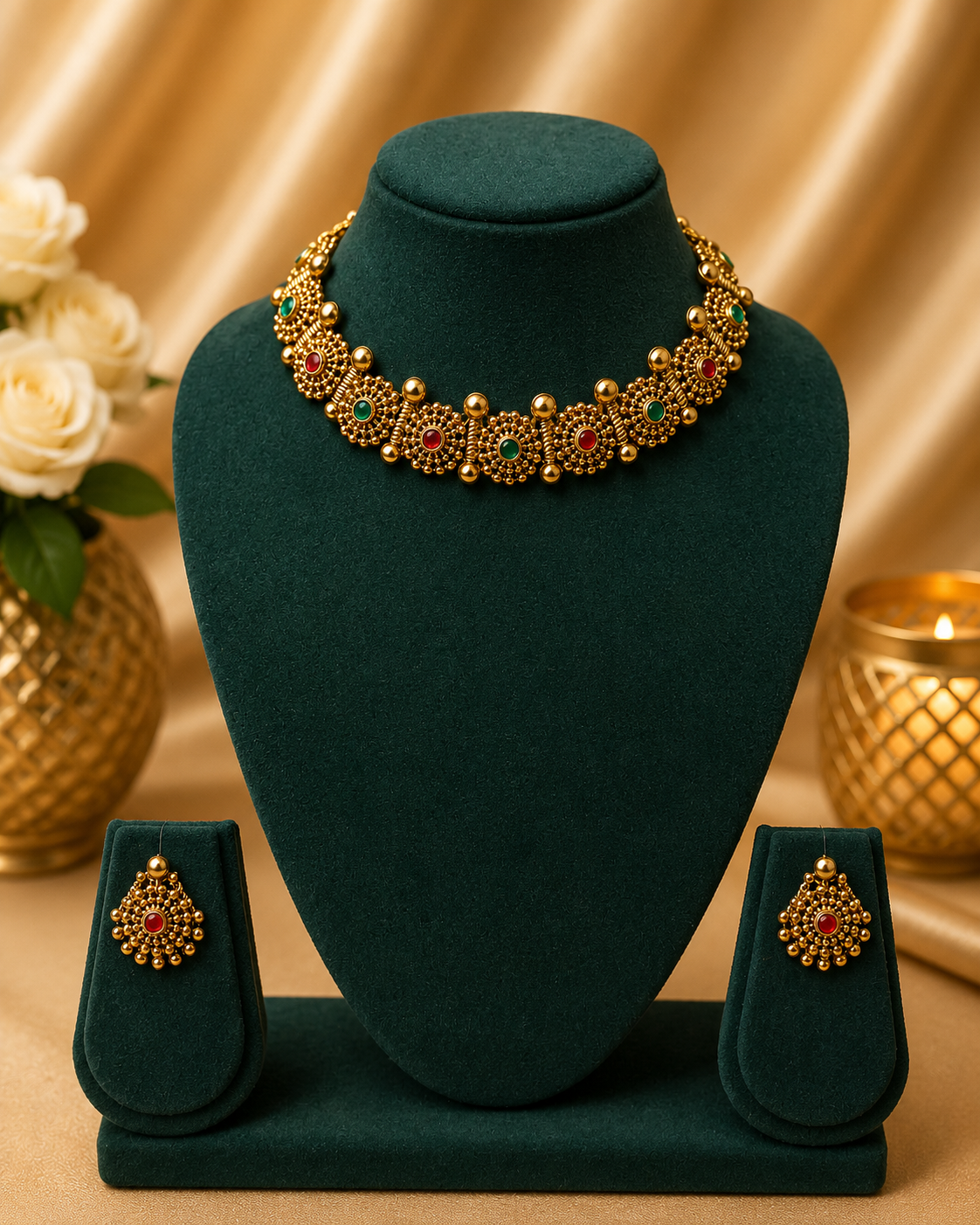 Antique Gold Ruby Emerald Granule Sunflower Choker Necklace Set | ONK17