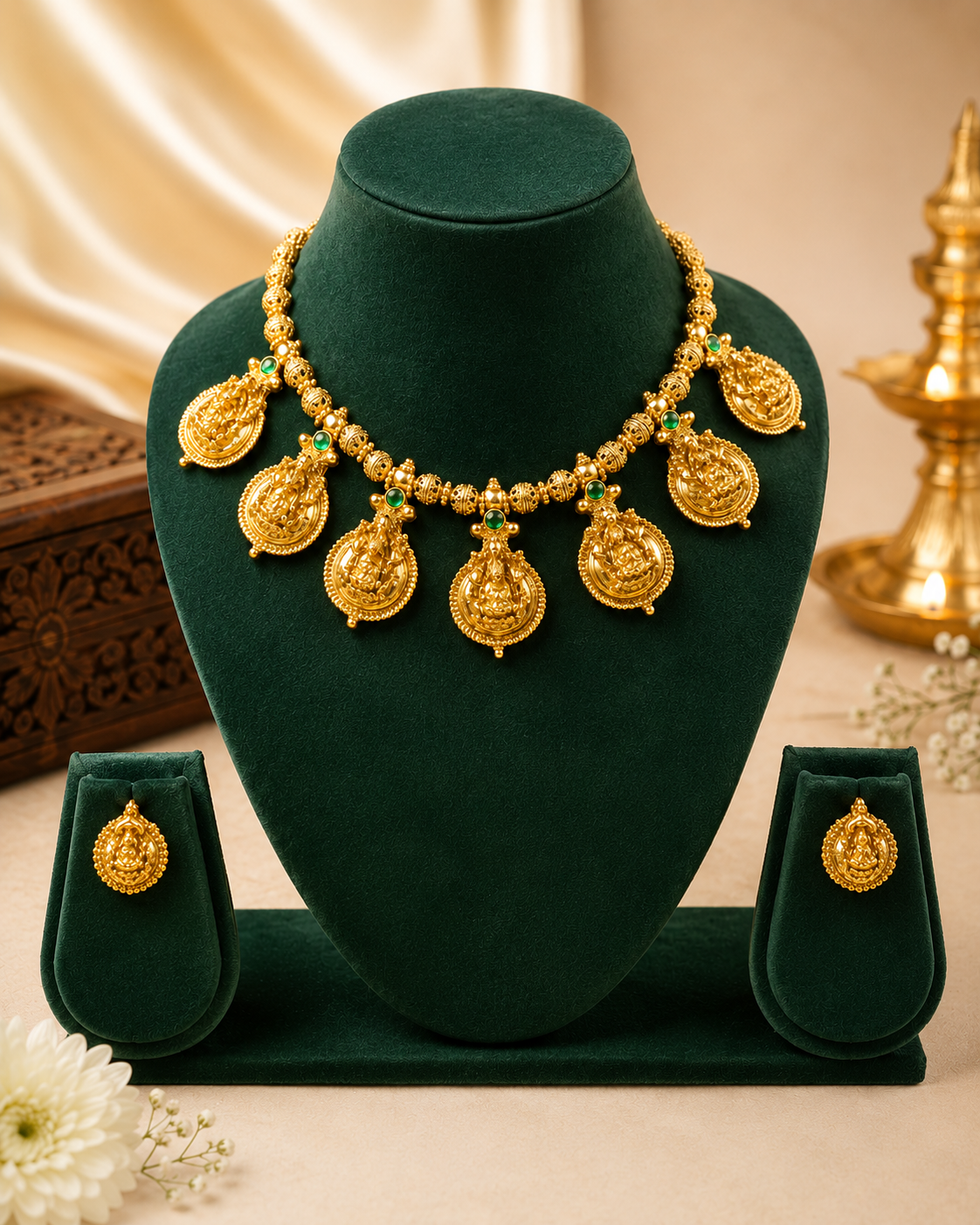 Antique Gold Lakshmi Temple Coin Necklace Emerald Set | ONK170