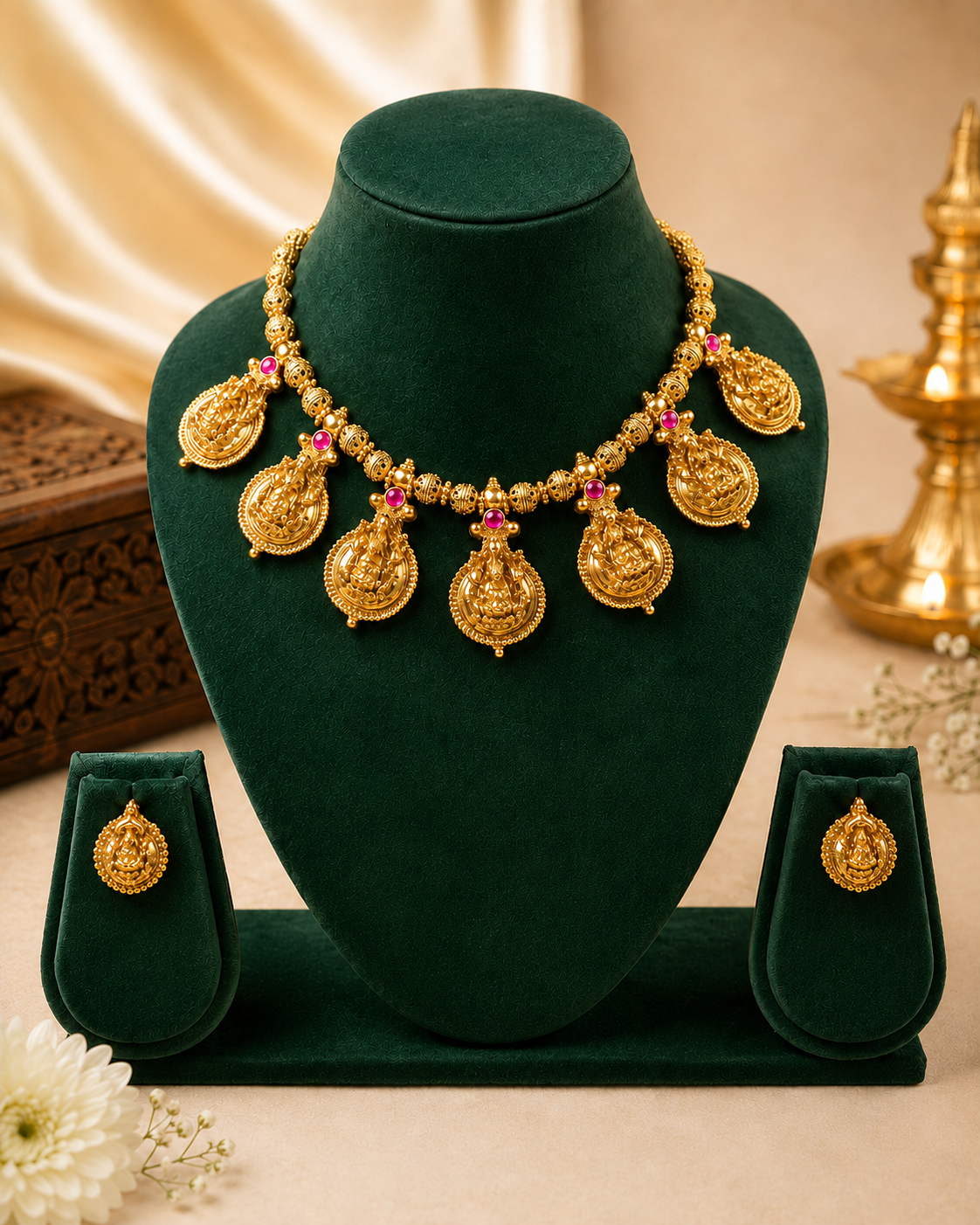 Antique Gold Lakshmi Temple Coin Necklace Emerald Set | ONK170