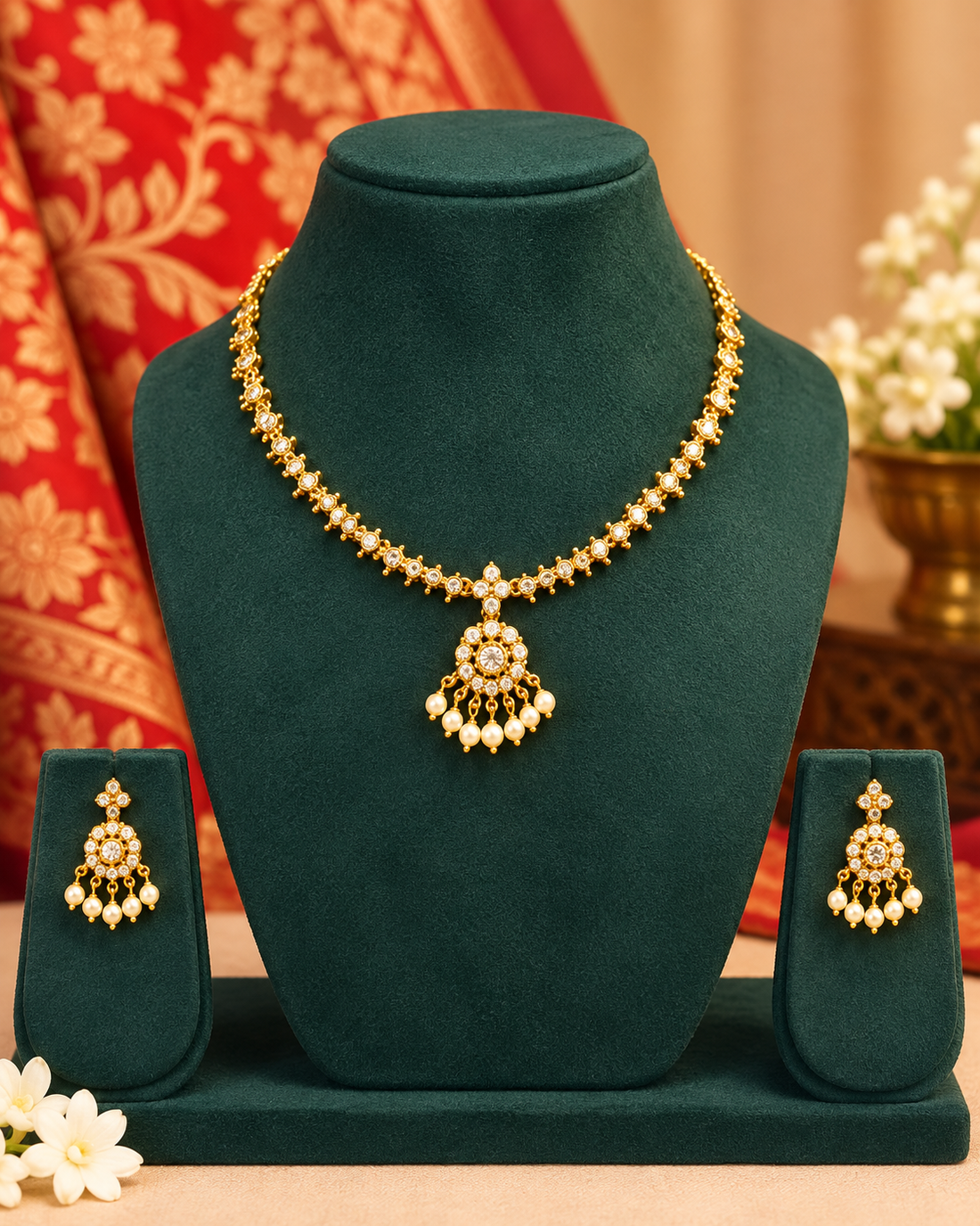 Gold Pearl Drop Necklace Set | ONK171