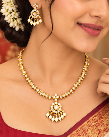 Gold Pearl Drop Necklace Set | ONK171