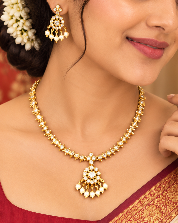 Gold Pearl Drop Necklace Set | ONK171