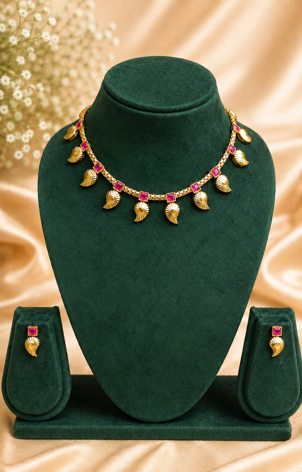 Antique Gold Shell Charm Necklace Ruby Stone Earring Set | ONK185