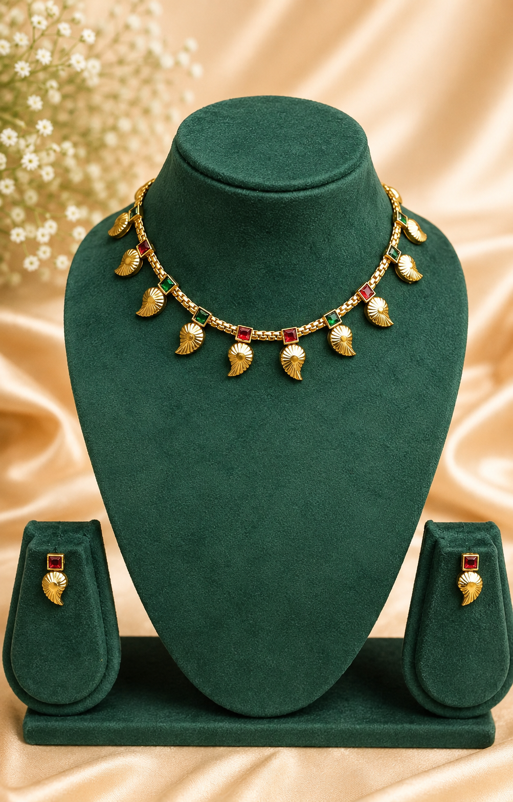 Antique Gold Shell Charm Necklace Ruby Emerald Stone Set | ONK186