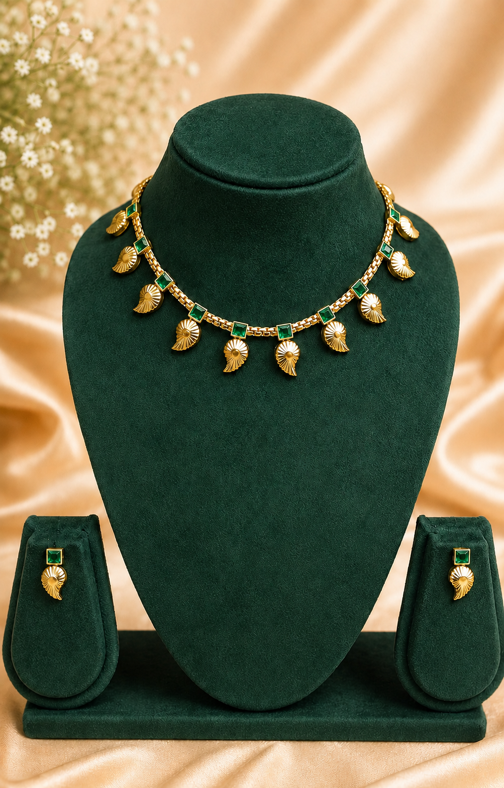Antique Gold Shell Charm Necklace Emerald Stone Earring Set | ONK187