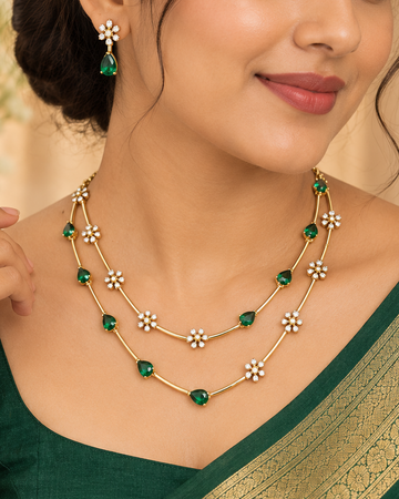 Floral Necklace Set With Double Layer Chains And Earrings | ONK189