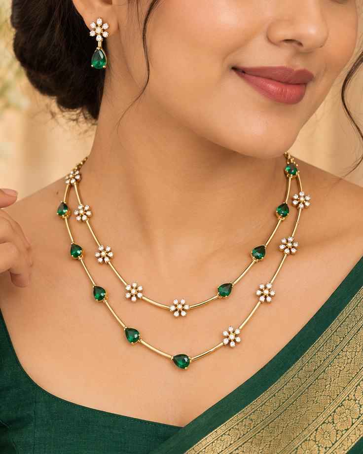 Floral Necklace Set With Double Layer Chains And Earrings | ONK189