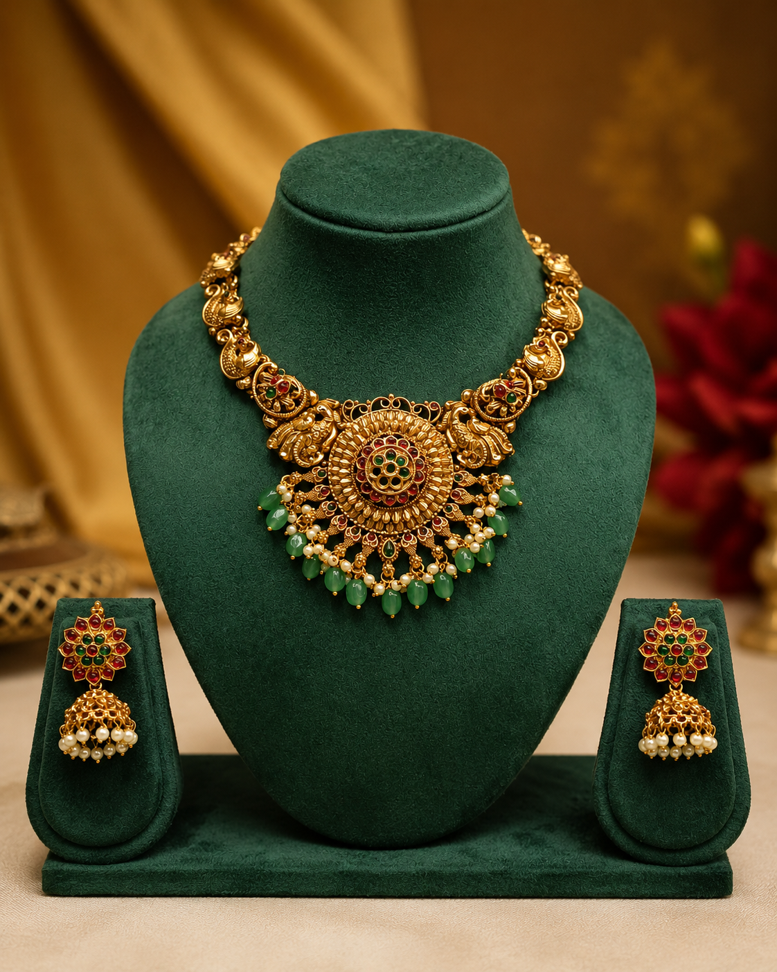Gold-toned traditional Indian jewelry set featuring a statement necklace and matching earrings displayed on a dark green velvet jewelry bust.
