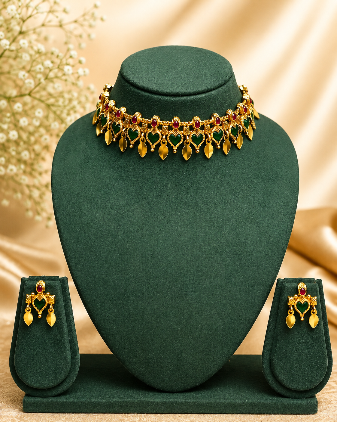 Antique Gold Kemp Choker Emerald Heart Ruby Leaf Drop Set | ONK190