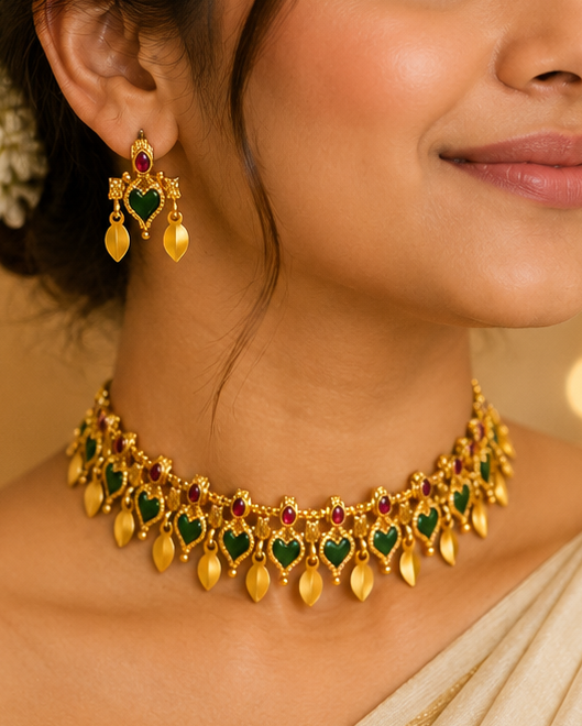 A woman wearing a gold-toned traditional necklace and matching drop earrings with green and red stone accents, styled with a cream saree against a softly blurred warm background.