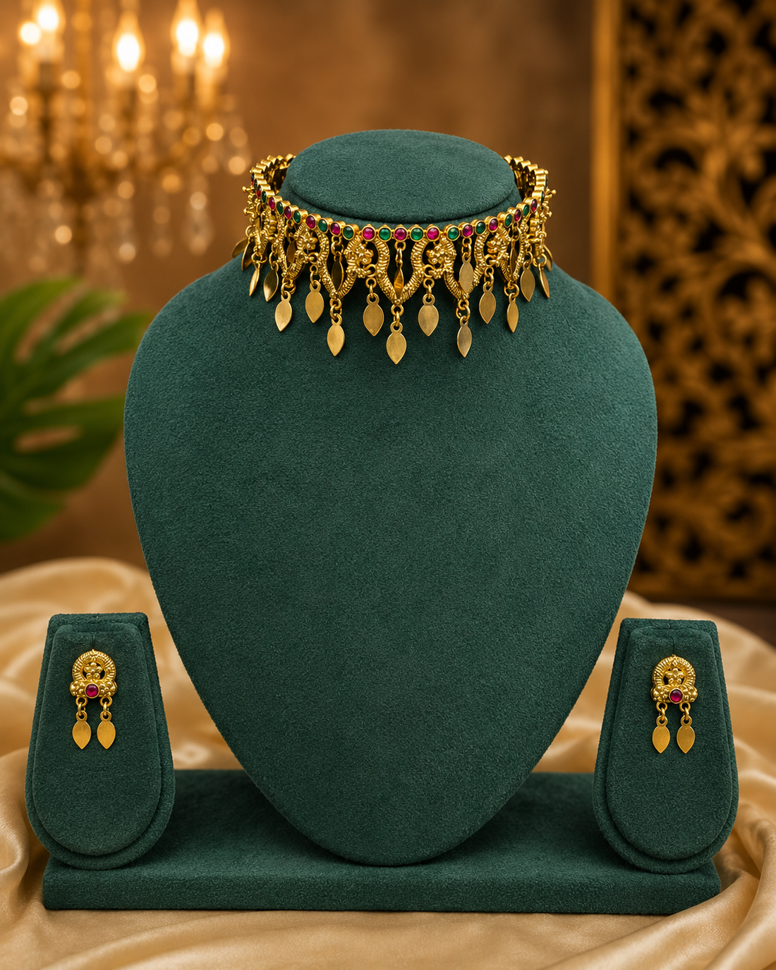 A woman wearing an ornate gold-toned traditional necklace with dangling leaf-shaped charms and matching earrings, styled with a beige saree in a warm, elegant indoor setting.
