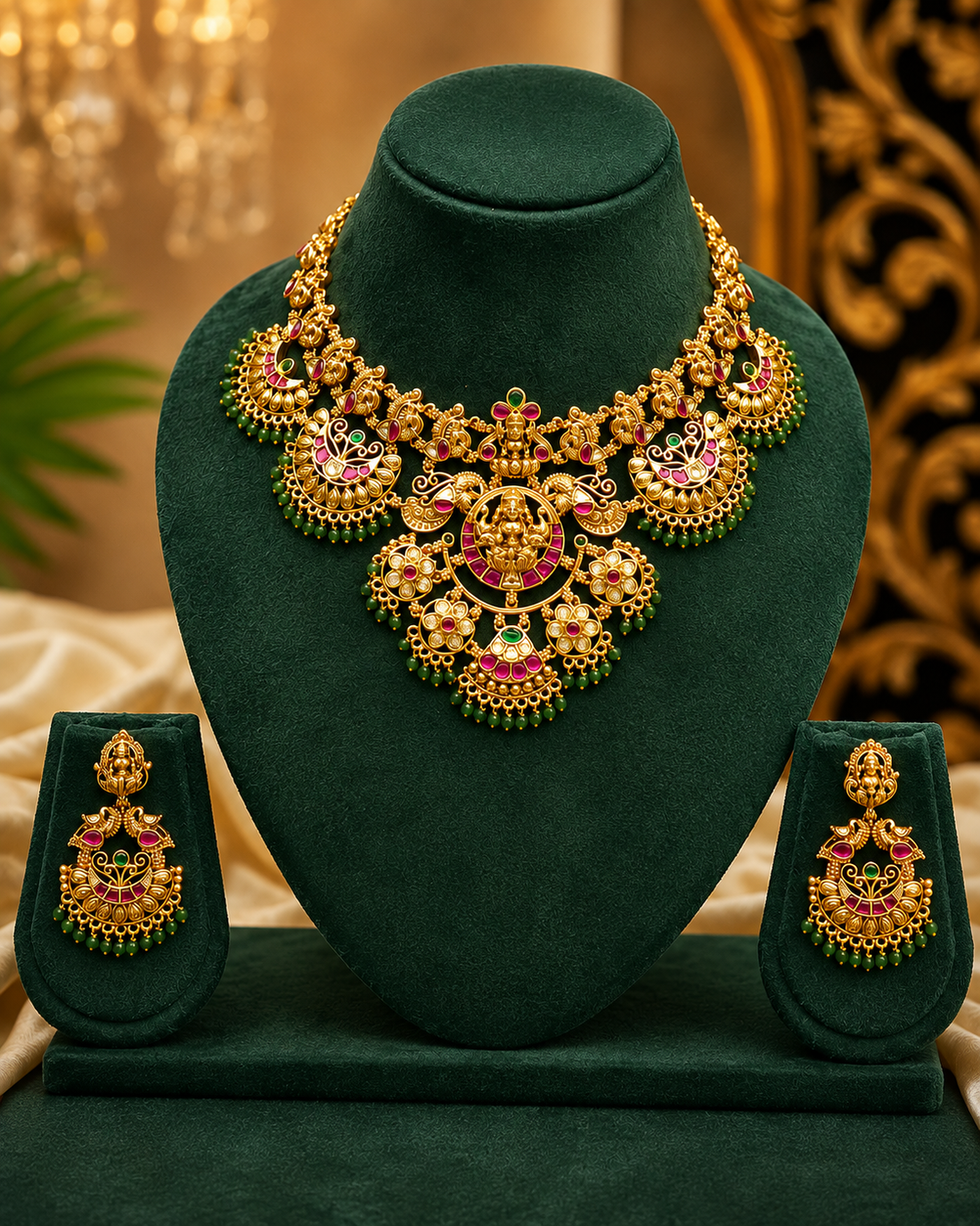 A woman wearing a traditional Indian outfit with a cream and maroon saree, styled with an ornate gold necklace, matching earrings, and a gold bracelet, set against a warm, softly blurred background.