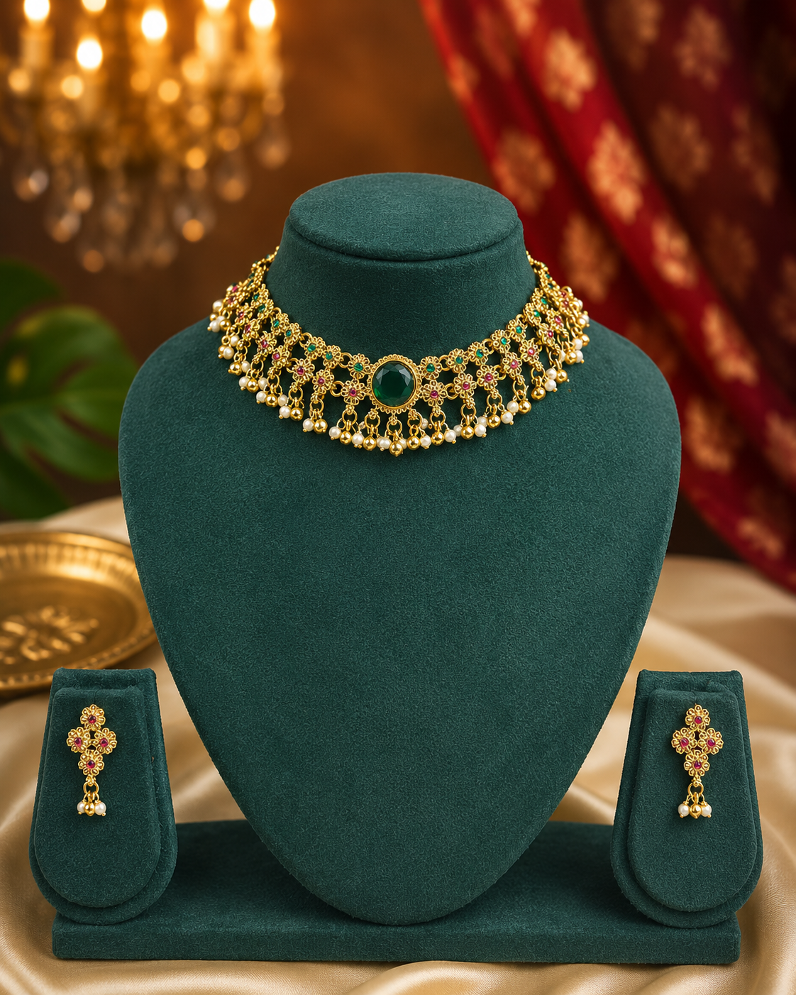 Antique Gold Floral Choker Necklace Set with Emerald & Kemp Flowers | ONK194