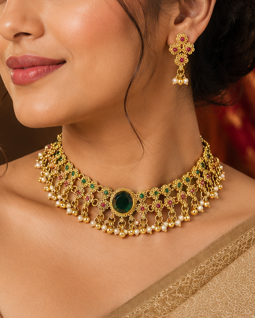 A woman wearing a gold-toned traditional necklace with a green center stone and matching earrings, paired with a beige saree, posed in front of a red patterned curtain and a chandelier.