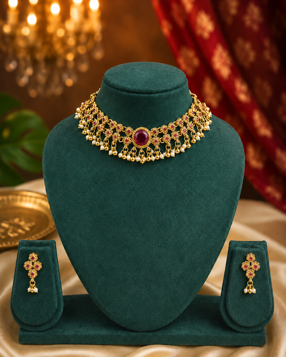 A woman wearing a gold-toned traditional necklace with a green center stone and matching earrings, paired with a beige saree, posed in front of a red patterned curtain and a chandelier.