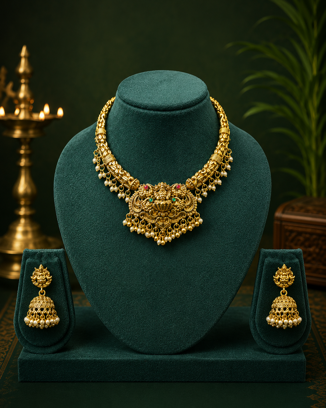 A woman wearing an ornate gold traditional necklace with matching earrings, styled with a cream and gold saree, in a warm, dimly lit indoor setting.