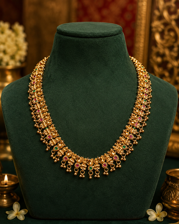 Antique Gold Nakshi Floral Necklace with Ruby & Emerald Stones | ONK199