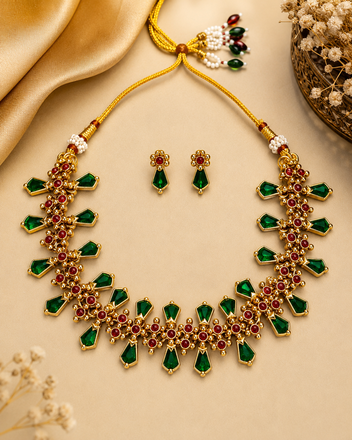 Gold-plated statement necklace and matching stud earrings set with green teardrop-cut stones and red round stones, arranged on a beige background with decorative dried flowers and gold fabric.