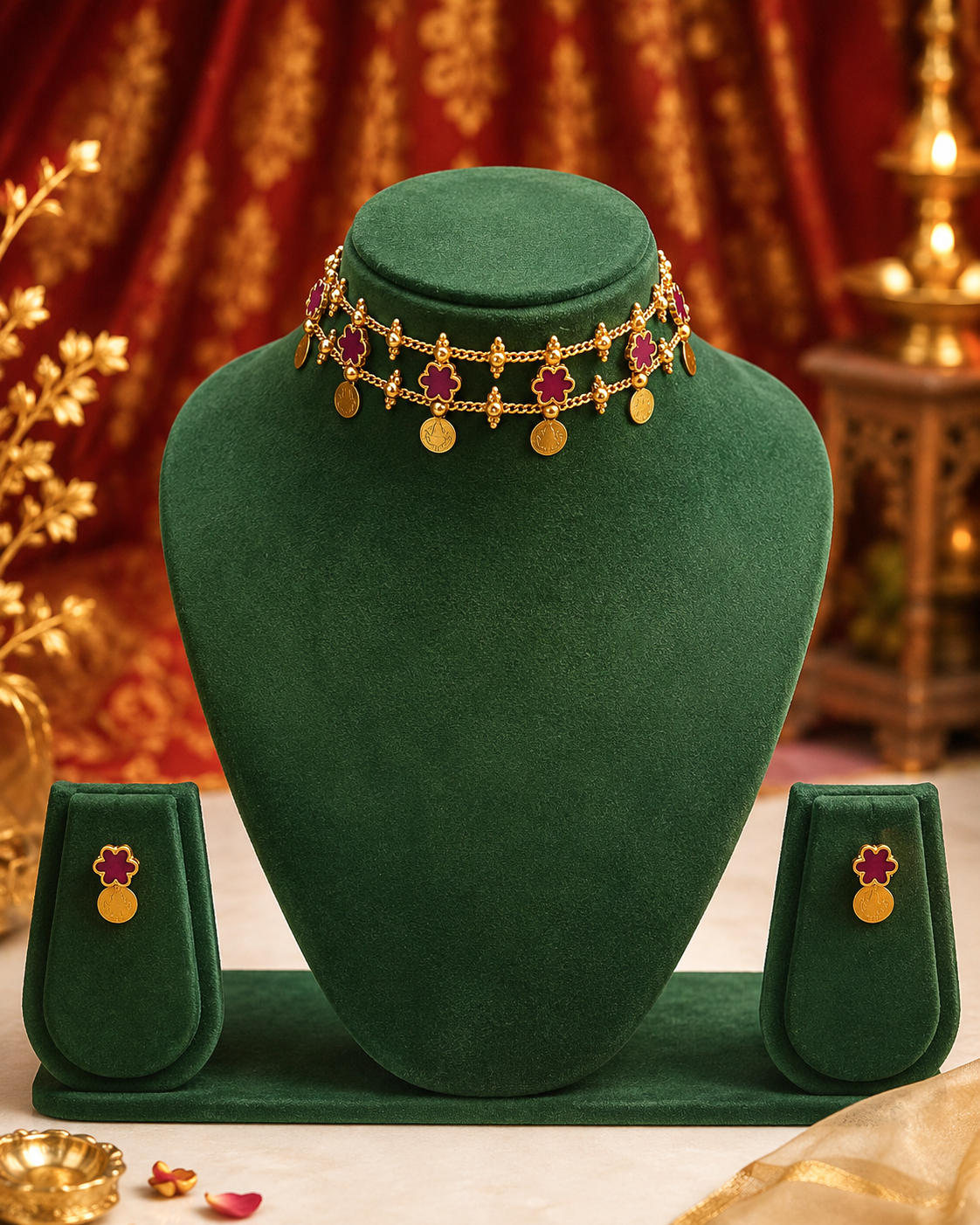 Gold-toned traditional Indian jewelry set displayed on a dark green velvet stand, featuring a necklace with red stones and dangling gold coins, matching stud earrings, and two small rectangular boxes.