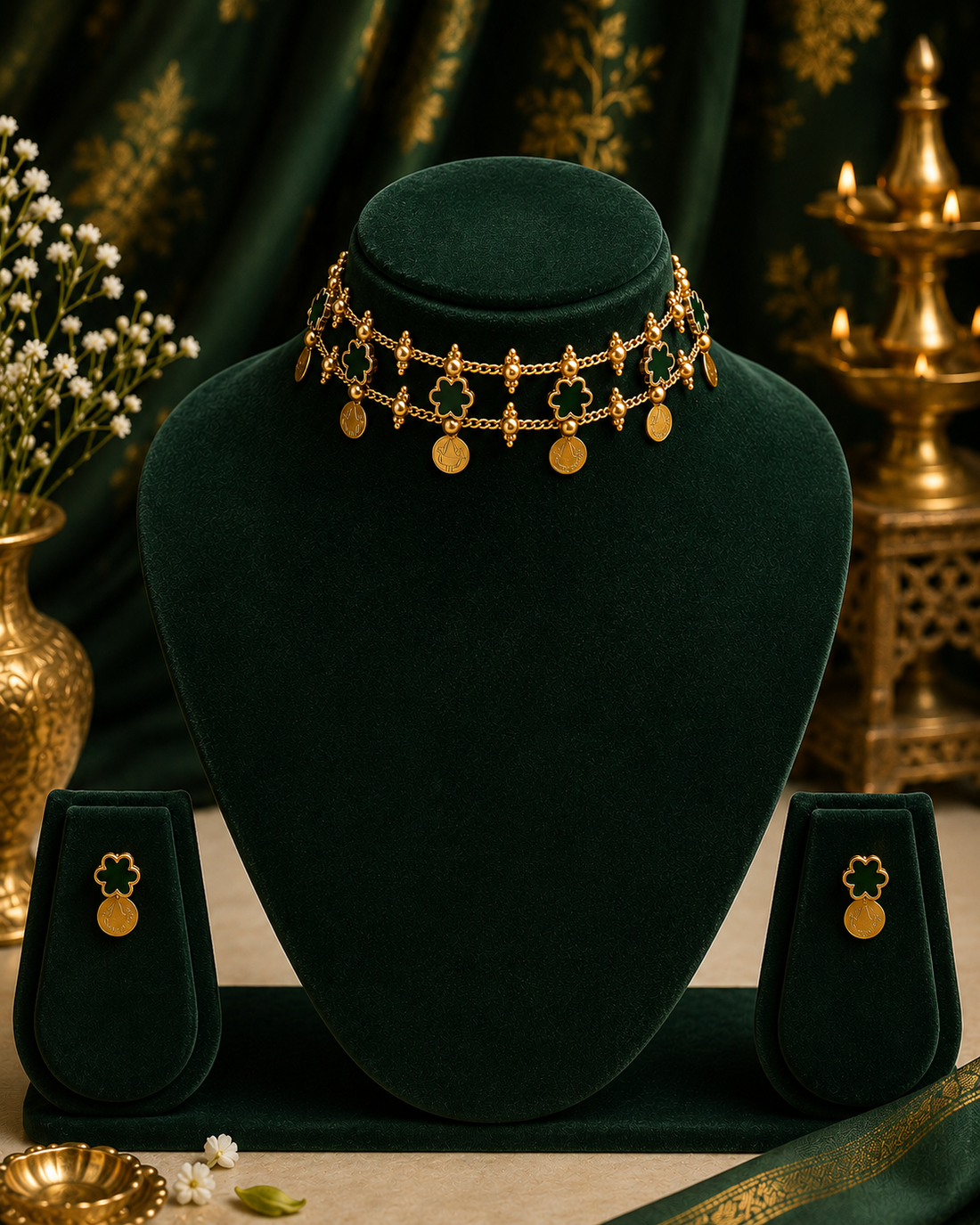 A woman wearing a navy blue saree with gold zari borders and a matching gold necklace with dark blue stones, posed against a dark blue patterned backdrop with decorative brass lamps.