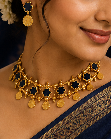 A woman wearing a navy blue saree with gold zari borders and a matching gold necklace with dark blue stones, posed against a dark blue patterned backdrop with decorative brass lamps.