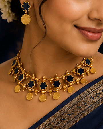 A woman wearing a navy blue saree with gold zari borders and a matching gold necklace with dark blue stones, posed against a dark blue patterned backdrop with decorative brass lamps.