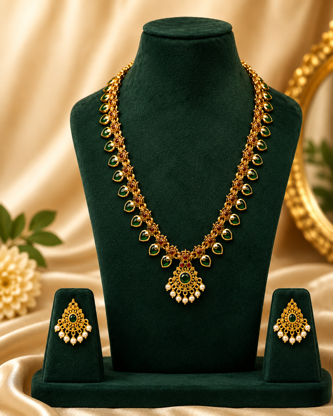 A woman wearing a traditional Indian saree in beige and maroon with gold jewelry, including a gold necklace with green stone accents and matching earrings, posed against a background of ornate jewelry displays.