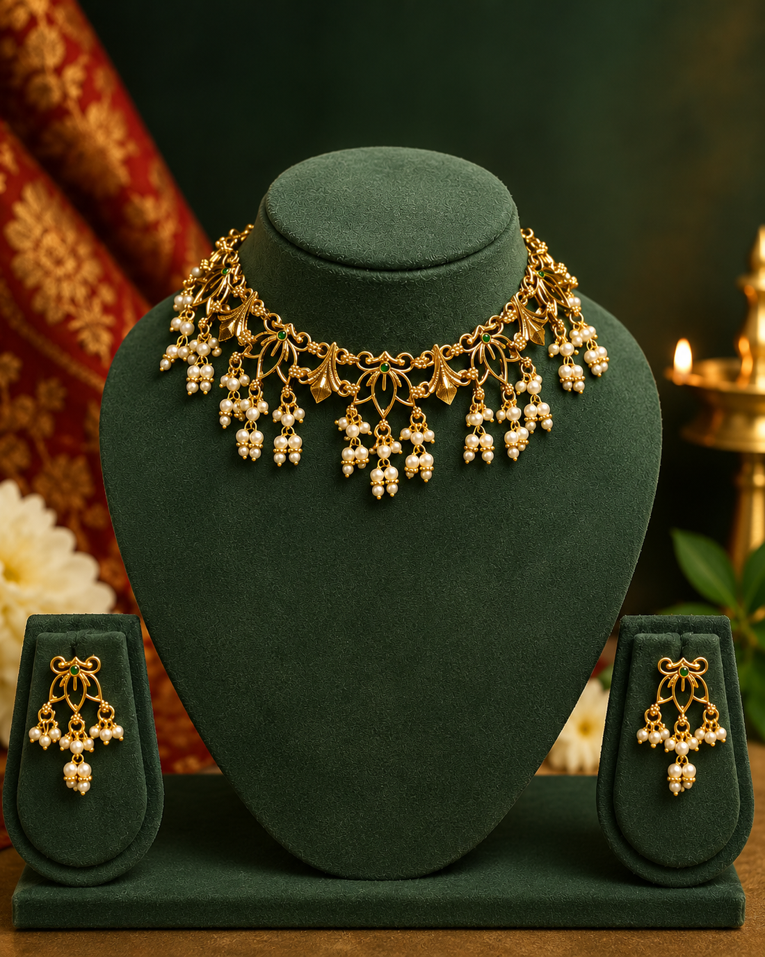 A woman wearing a gold-toned traditional necklace with white pearl-like drops and matching dangling earrings, styled with a cream and maroon sari and white hair flowers, photographed indoors with warm ambient lighting.