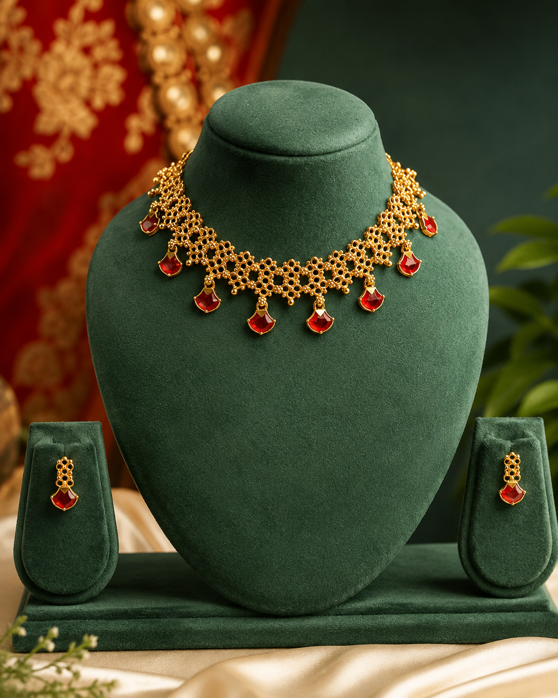 Antique Gold Kemp Red Stone Choker Necklace Set with Earrings | ONK206