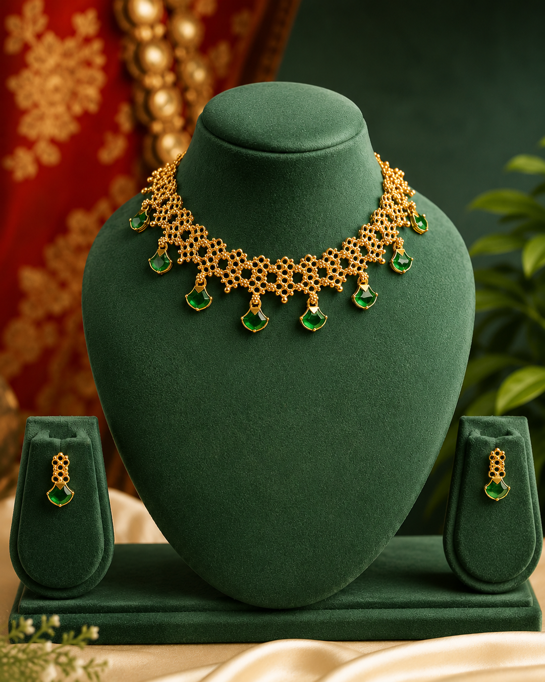 A woman wearing a gold and green traditional necklace and matching earrings, styled with a cream-colored saree, set against a dark green background with a brass lamp.