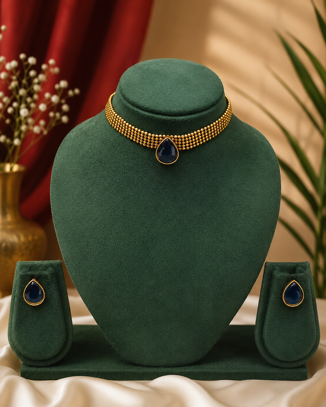 Gold Multi-Row Ball Bead Choker Necklace Set with Teardrop Stone | ONK209