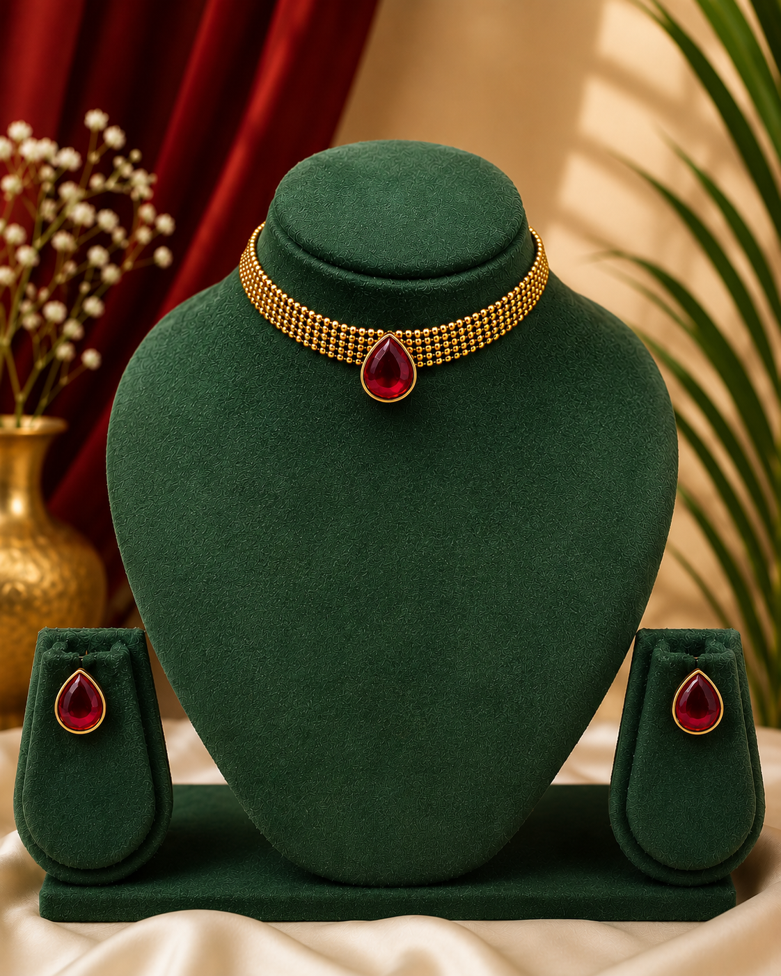 Gold Multi-Row Ball Bead Choker Necklace Set with Teardrop Stone | ONK209