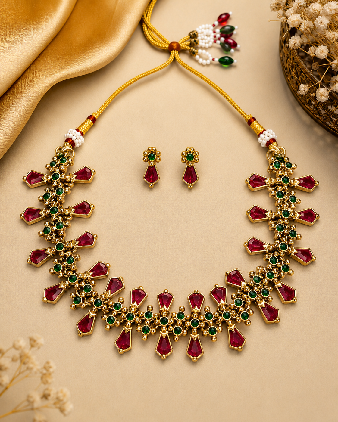 Gold-plated statement necklace and matching drop earrings set with red teardrop-cut stones and green round stones, arranged on a beige surface with gold fabric and dried floral props.