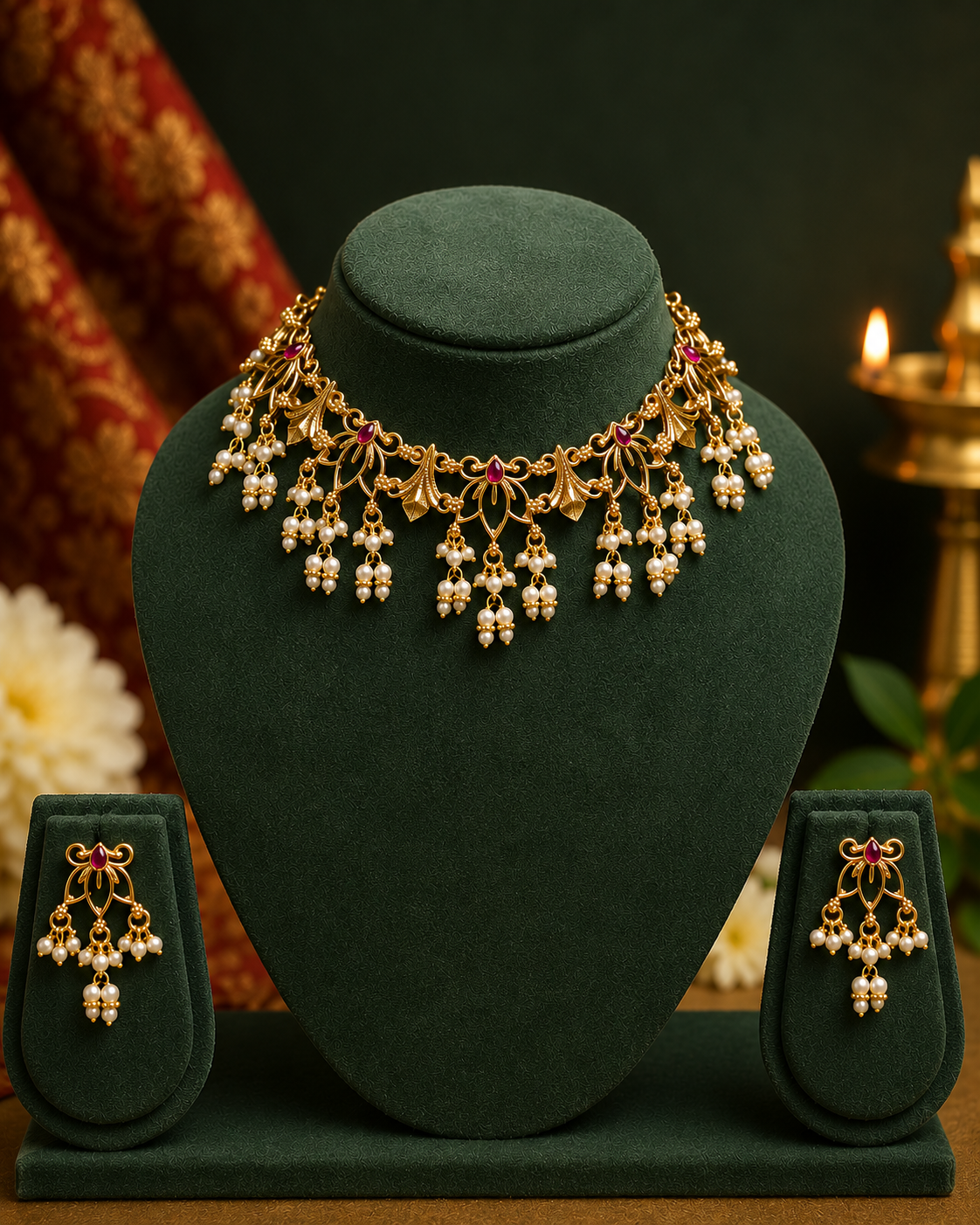 Antique Gold Pearl Drop Choker Necklace Set with Earrings | ONK205 / ONK210