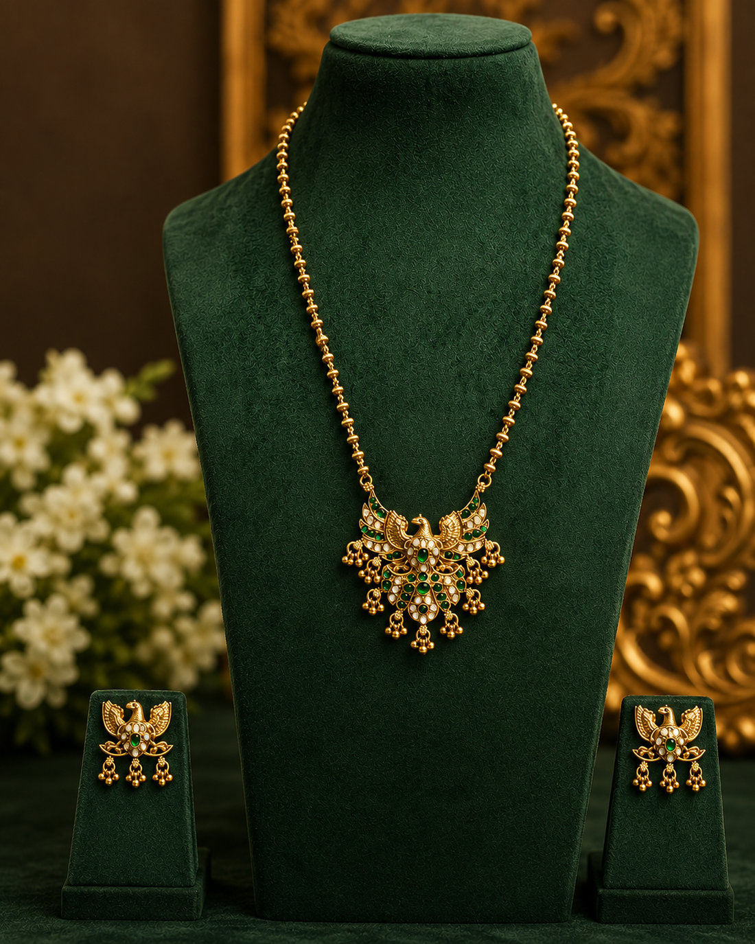 A woman wearing a dark green and beige saree with gold borders, styled with a gold necklace and matching gold earrings in an indoor setting.