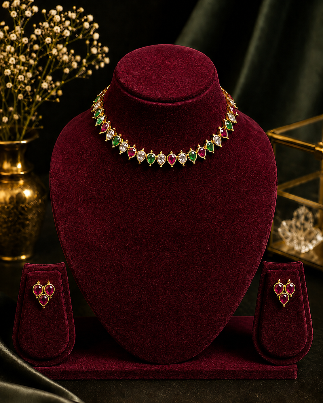 Gold Ruby Pink Teardrop Choker Necklace Set with Trinity Stud Earrings | ONK215