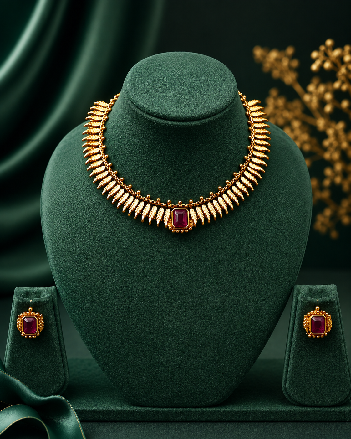 Antique Gold Mango Leaf Necklace Set with Emerald Green Stone & Earrings | ONK216