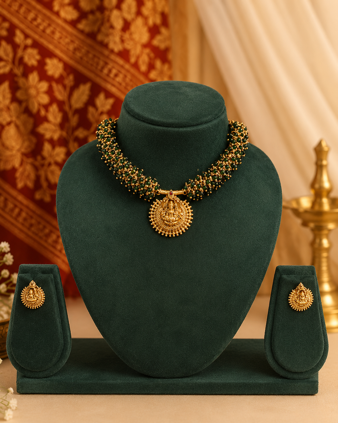 Gold-toned traditional jewelry set displayed on a dark green velvet stand, including a beaded necklace with a round pendant and matching earrings, against an ornate red and gold backdrop.