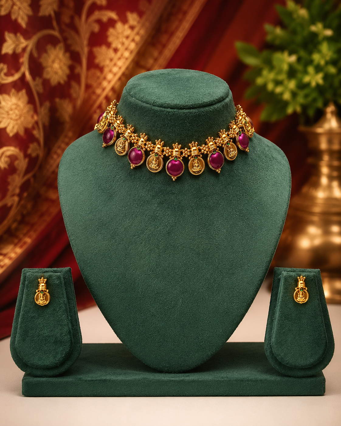 Antique Gold Lakshmi Coin Choker with Ruby Pink Stone Drops & Earrings | ONK219