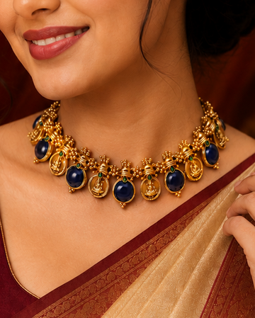 A woman wearing a traditional Indian sari with a deep maroon blouse and a beige sash with gold zari work, styled with a gold and blue stone necklace and a gold bracelet. She is posed against a warm, ornate background with red drapery and a brass pot.