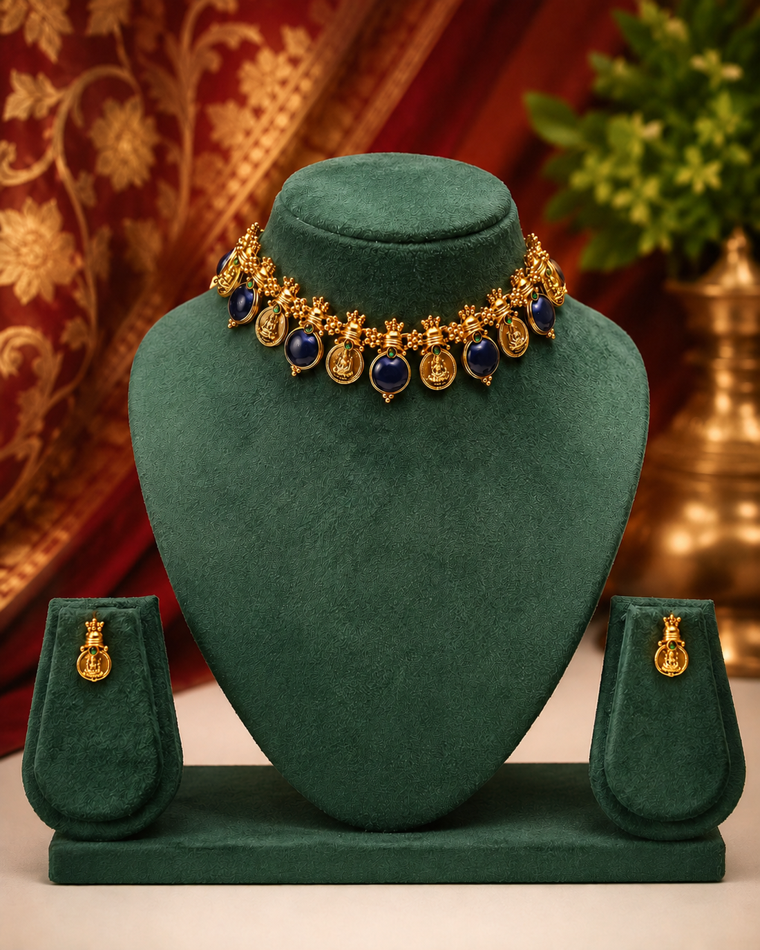 A woman wearing a traditional Indian sari with a deep maroon blouse and a beige sash with gold zari work, styled with a gold and blue stone necklace and a gold bracelet. She is posed against a warm, ornate background with red drapery and a brass pot.